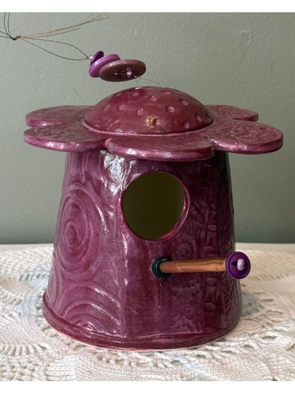 Handcrafted Pottery Birdhouse by Clay by Laura Purple Flower Garden Decor Signed